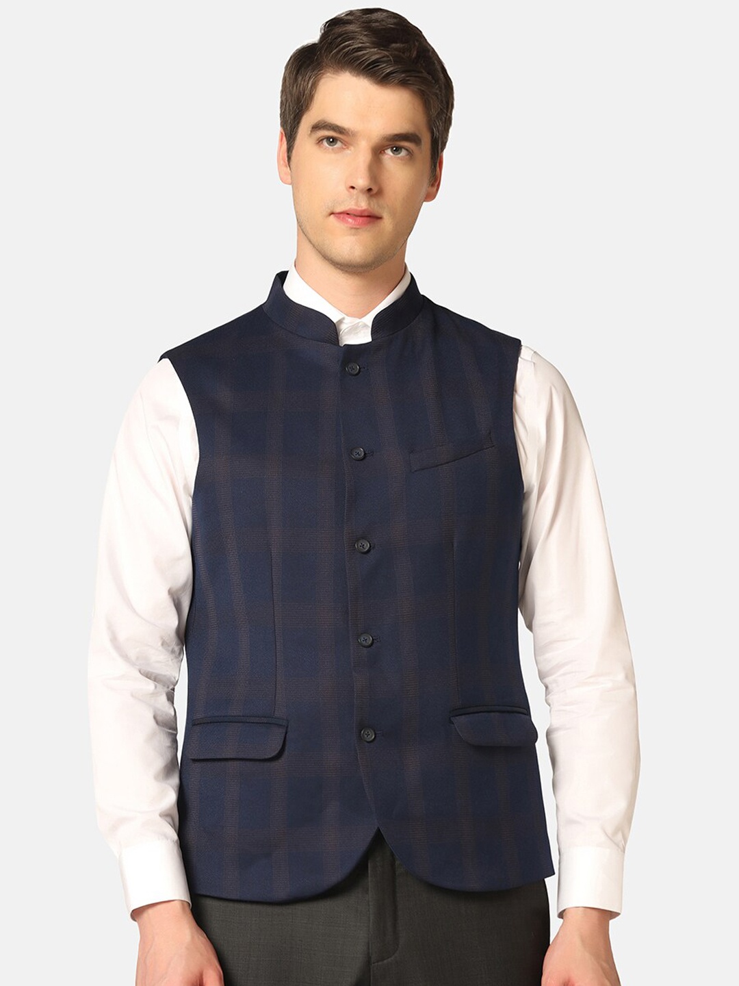 

Blackberrys Slim-Fit Checked Bandhgala Nehru Jacket, Navy blue
