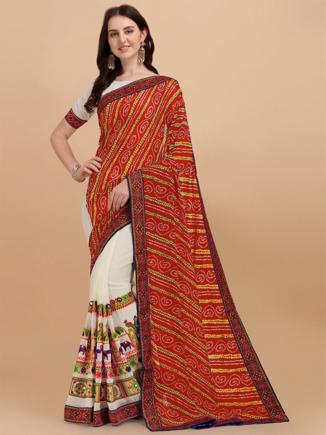 

VEERAX Bandhani Printed Embroidered Pure Georgette Half and Half Saree, Orange