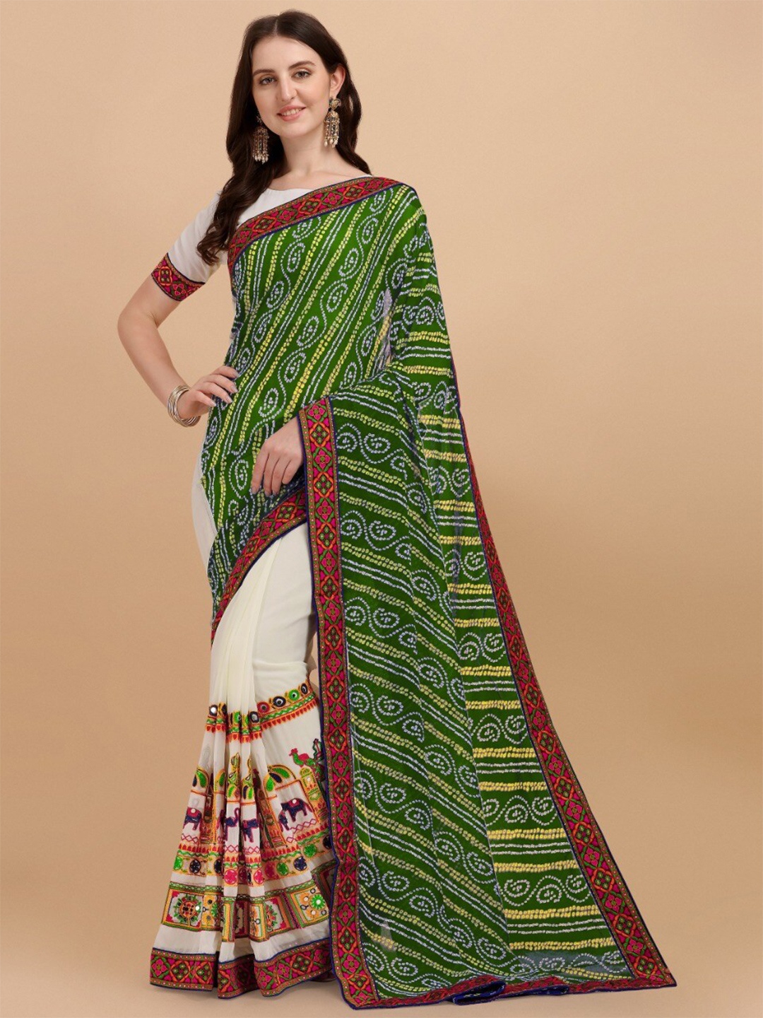

VEERAX Bandhani Embroidered Pure Georgette Half and Half Saree, Green