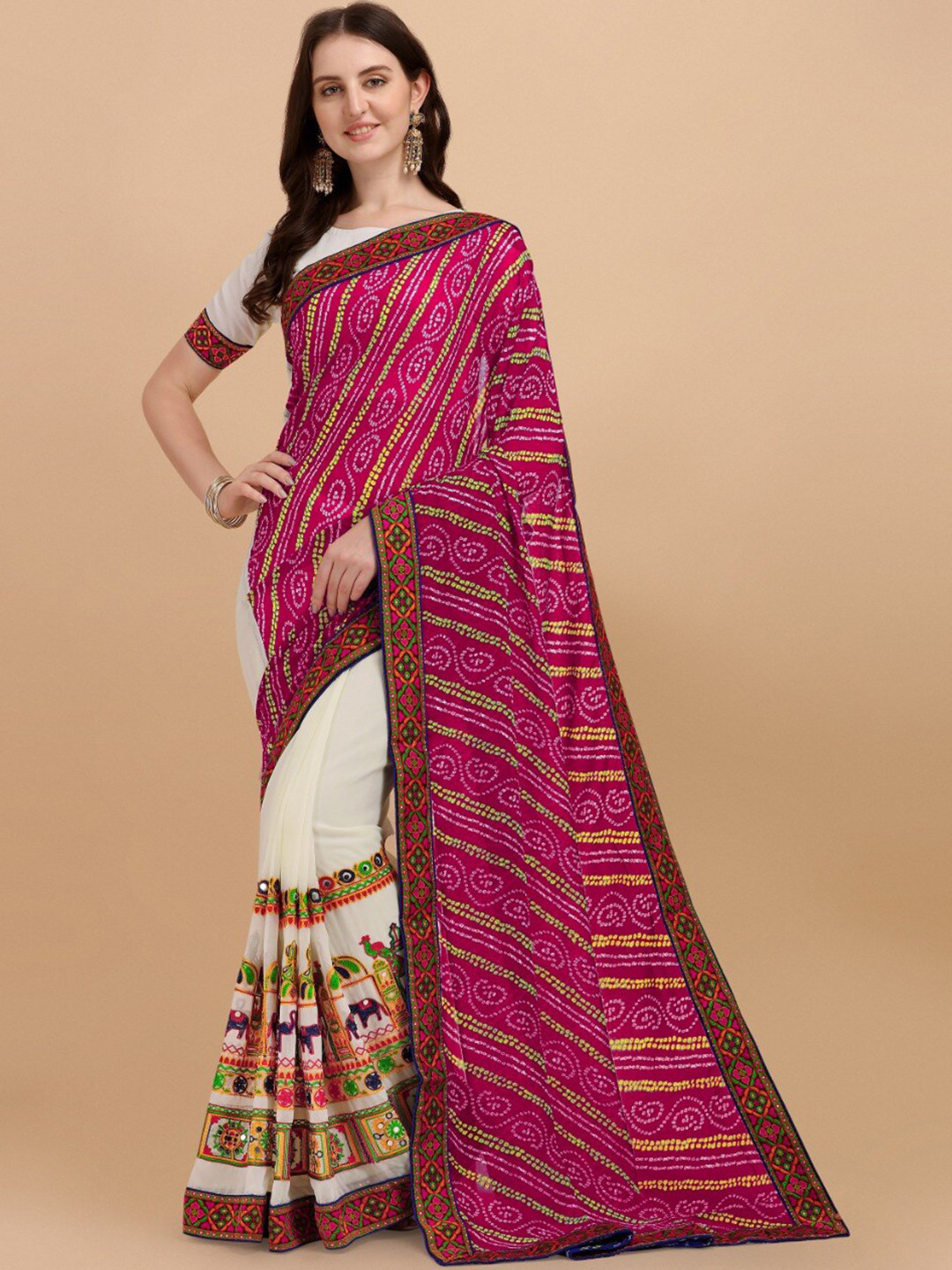

VEERAX Bandhani Embroidered Pure Georgette Half and Half Saree, White