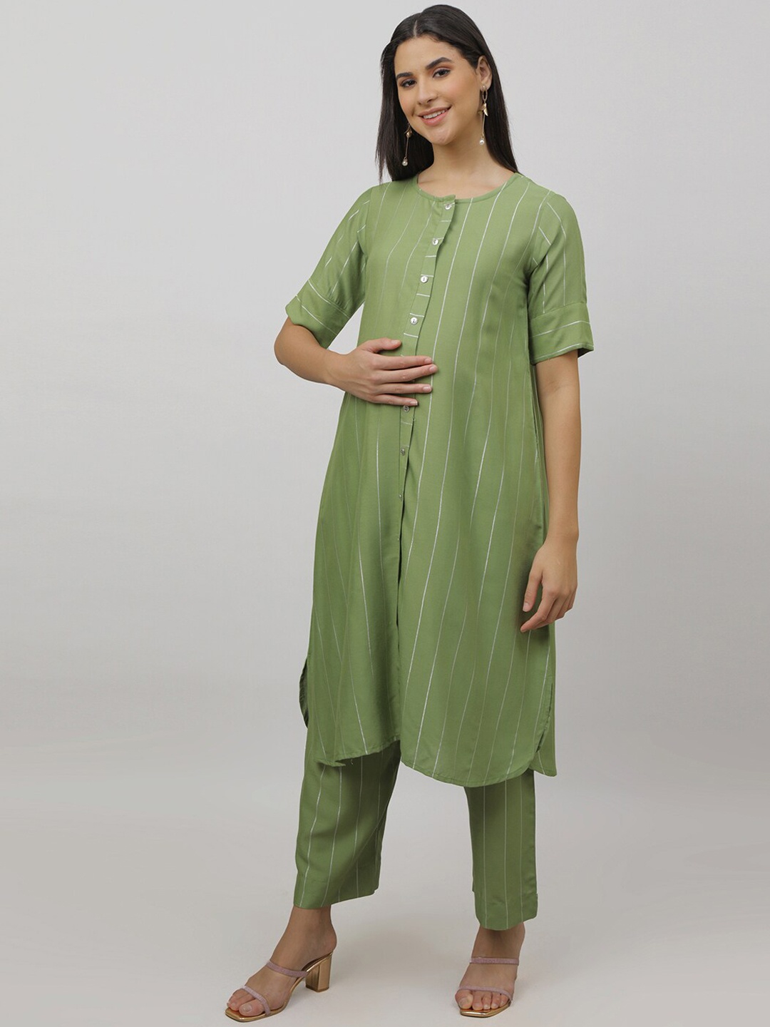 

The Mom Store Striped Maternity Kurta With Palazzos, Olive