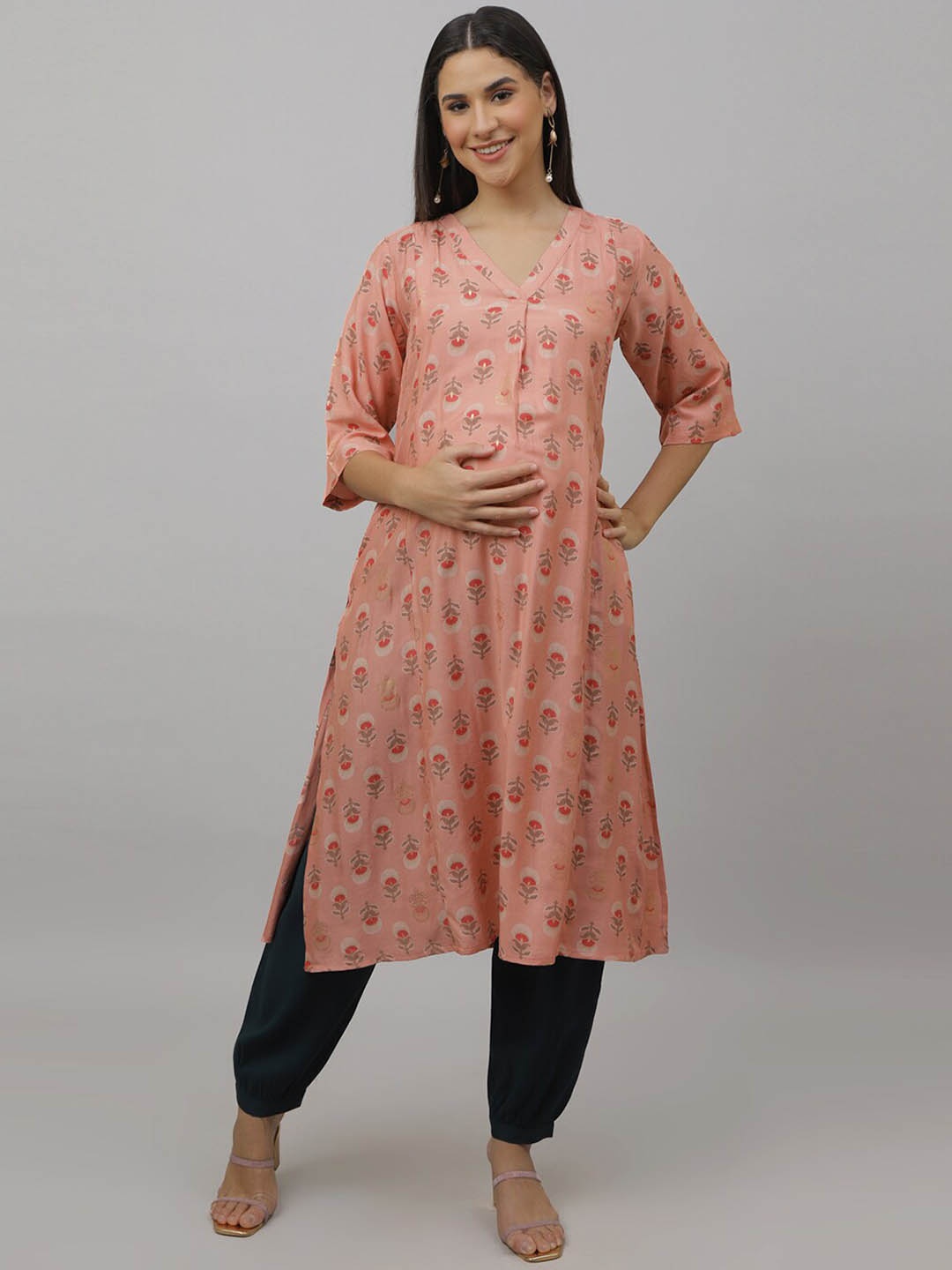 

The Mom Store Floral Printed V Neck Maternity Kurta With Salwar, Peach