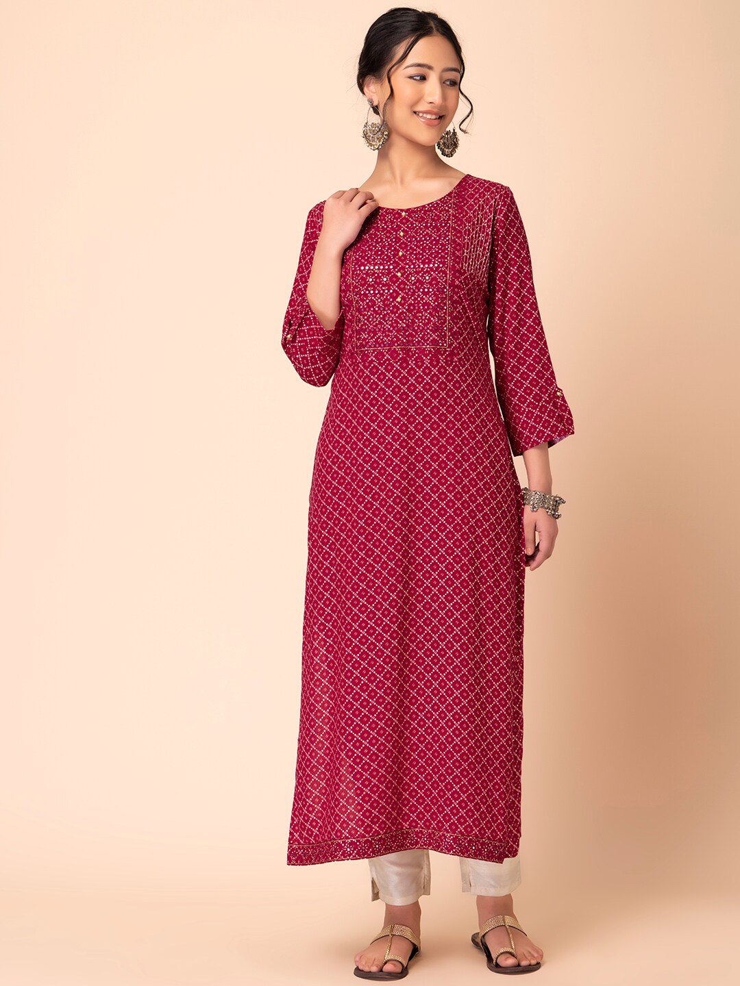 

INDYA Bandhani Printed Roll Up Sleeves Mirror Work Kurta, Pink