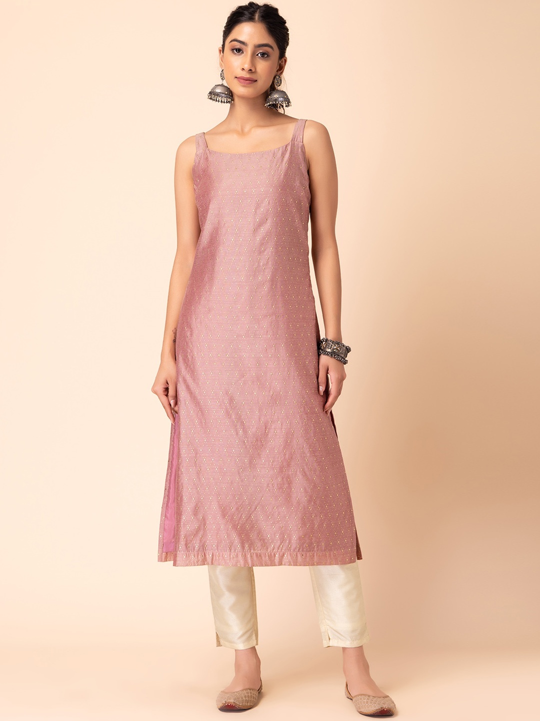 

INDYA Shoulder Straps Geometric Printed Pure Silk Kurta, Pink