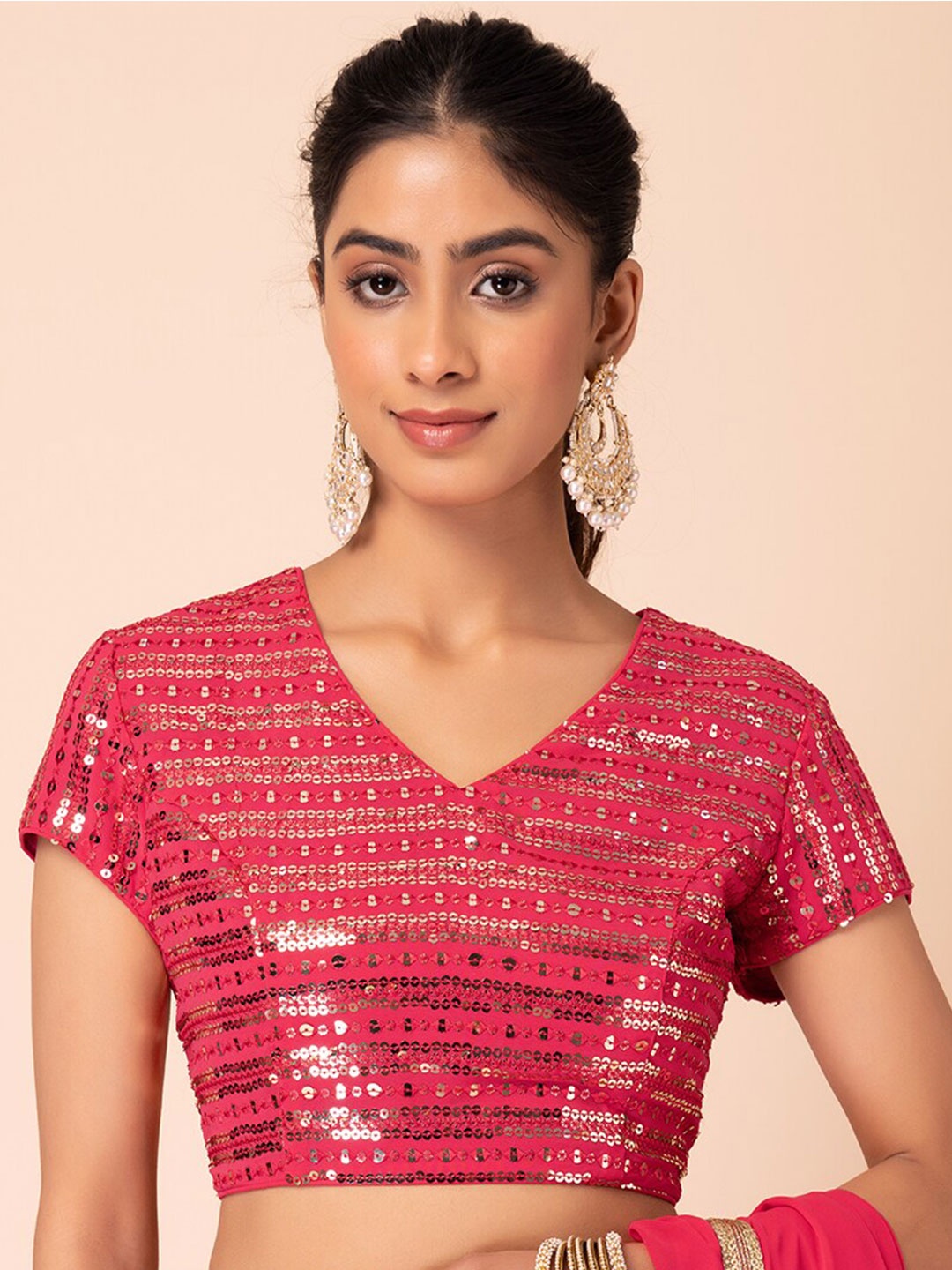 

INDYA Sequin Embellished V-Neck Saree Blouse, Red