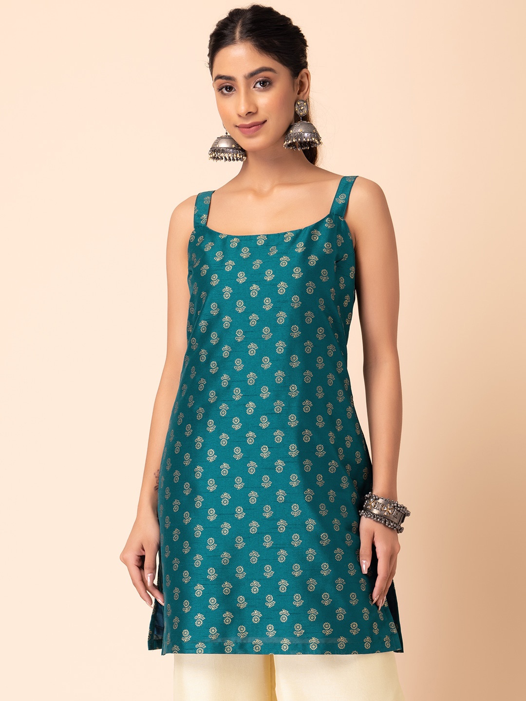 

INDYA Ethnic Motifs Printed Shoulder Straps Kurti, Teal