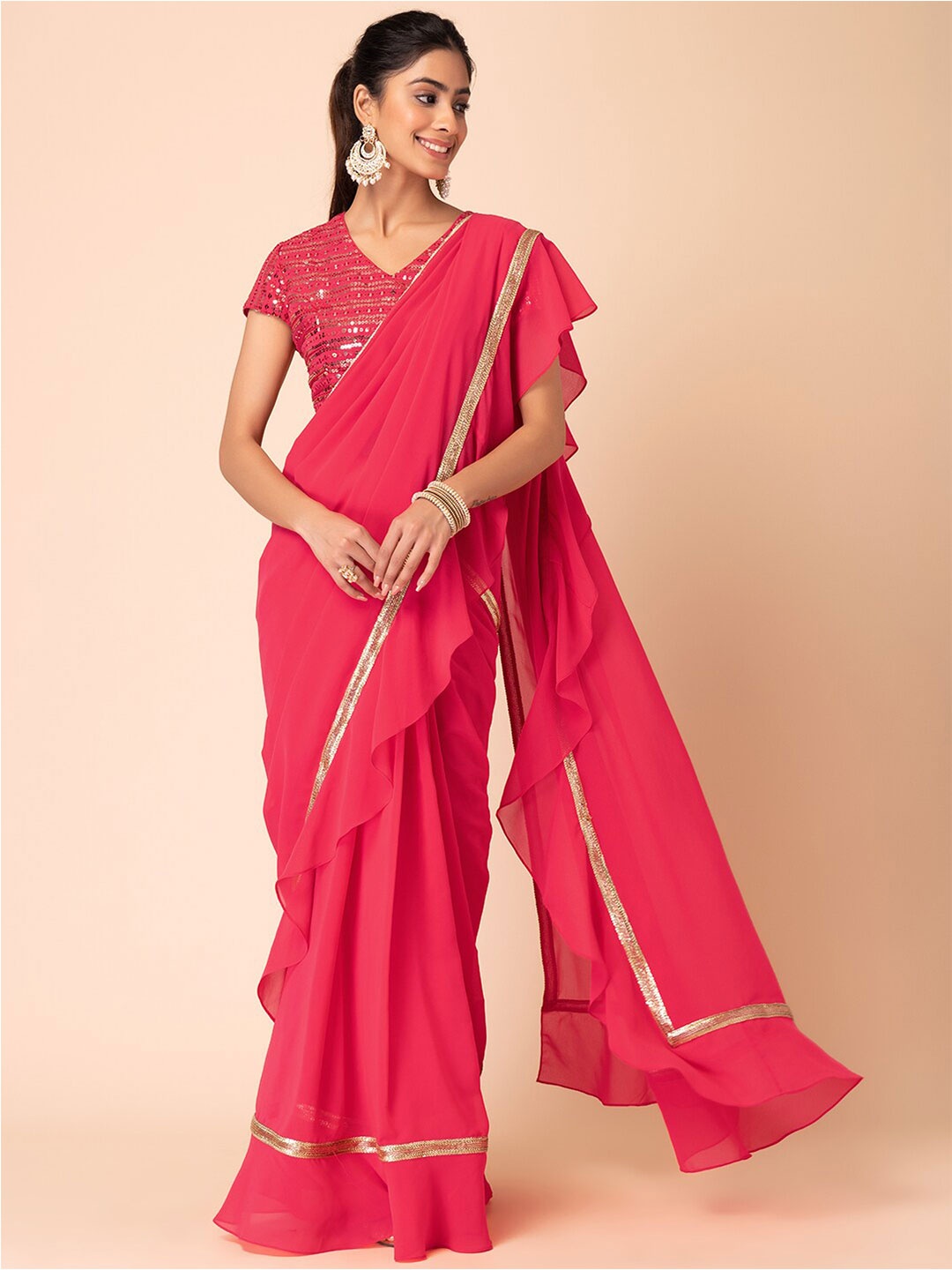 

INDYA Zari Embellished Ready To Wear Saree, Pink