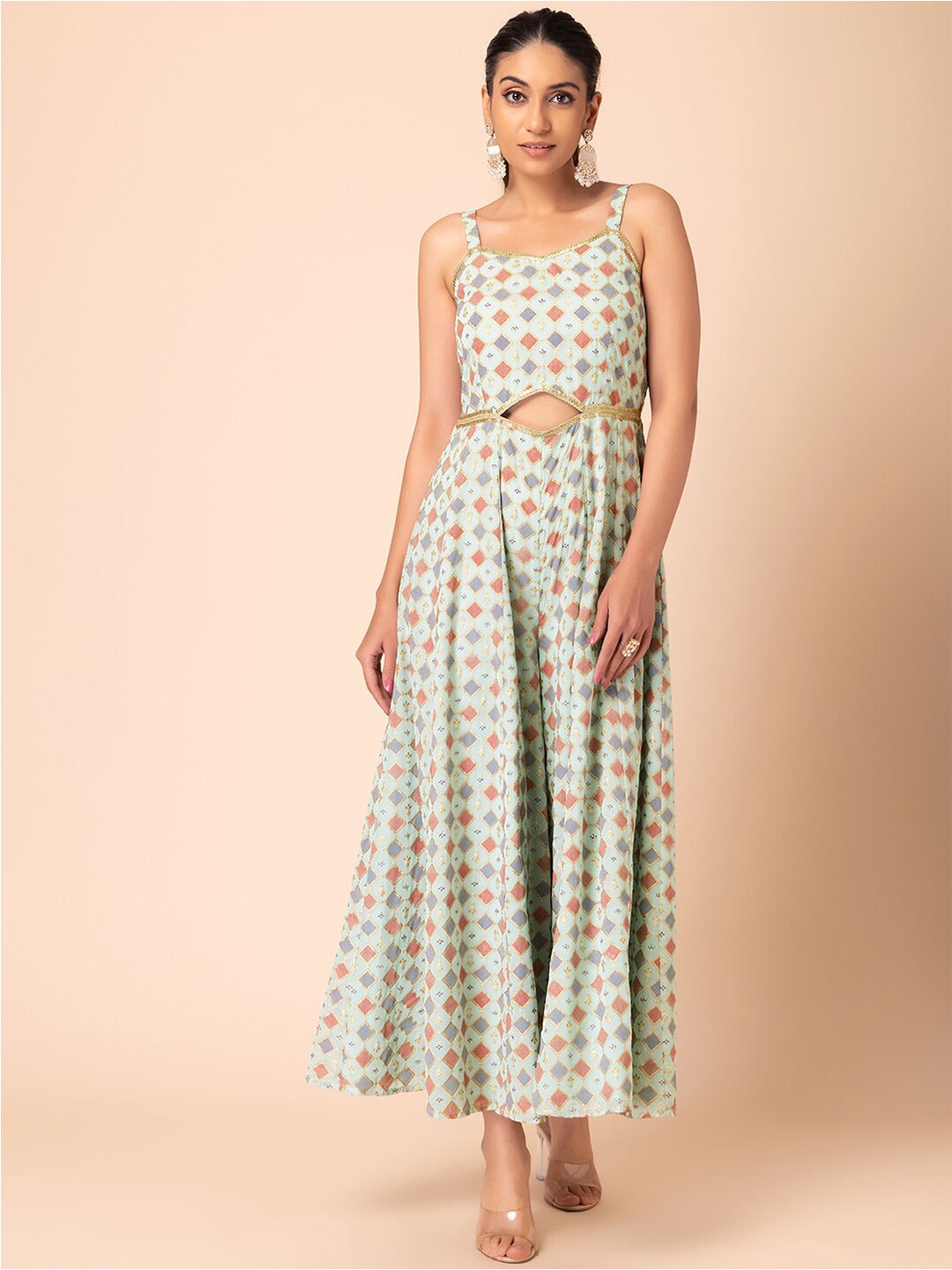 

INDYA Women Light Green Printed Cut Out Waist Jumpsuit
