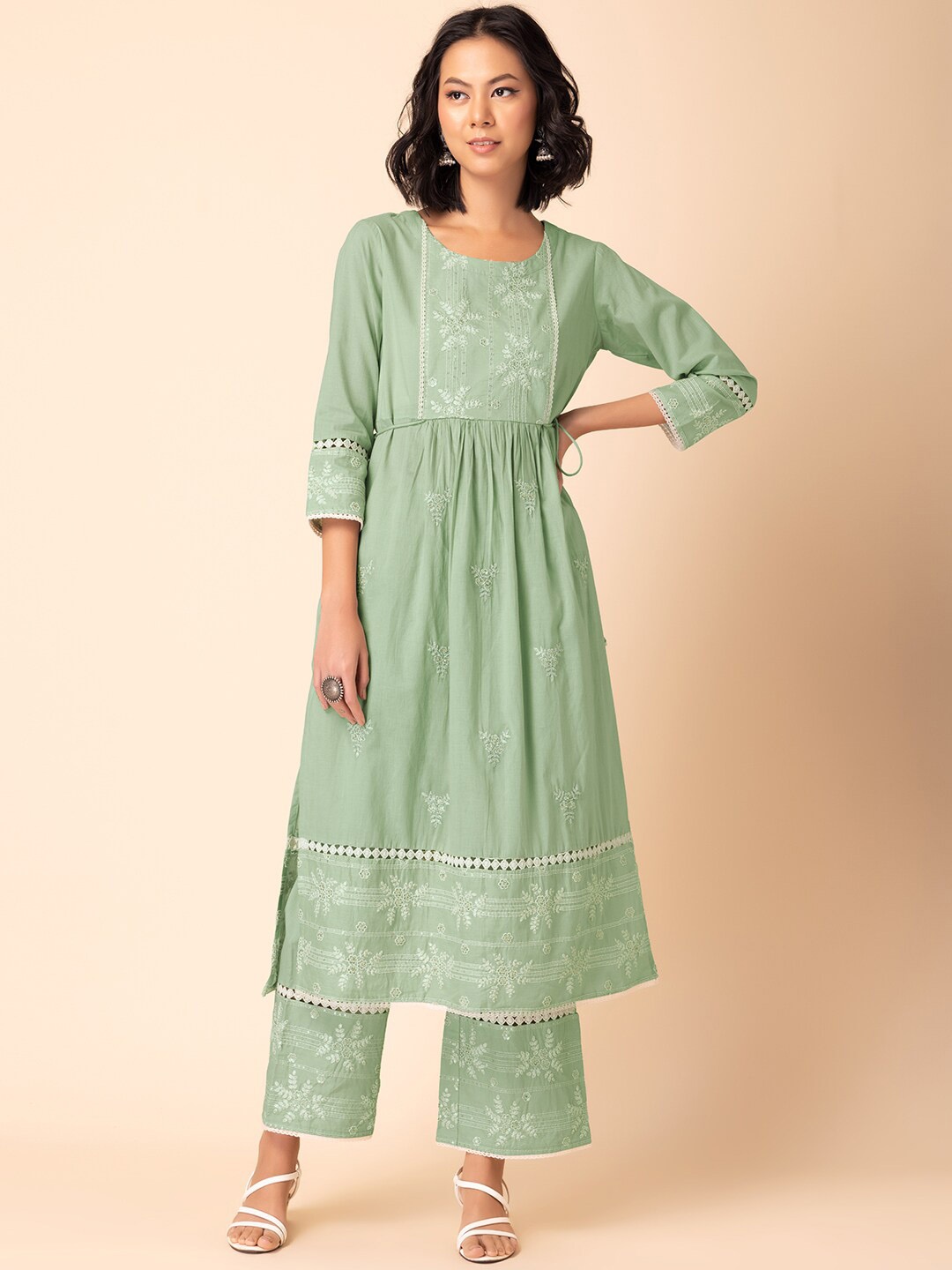 

Rang by Indya Floral Embroidered Pure Cotton A-Line Kurta With Trouser, Green