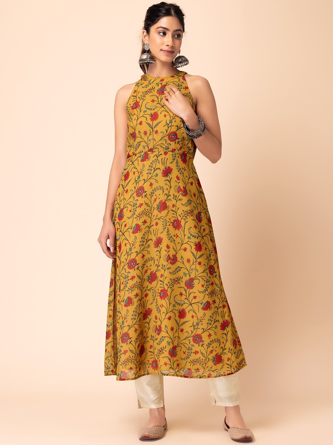 

INDYA Floral Printed Halter Neck A-Line Dress, Yellow