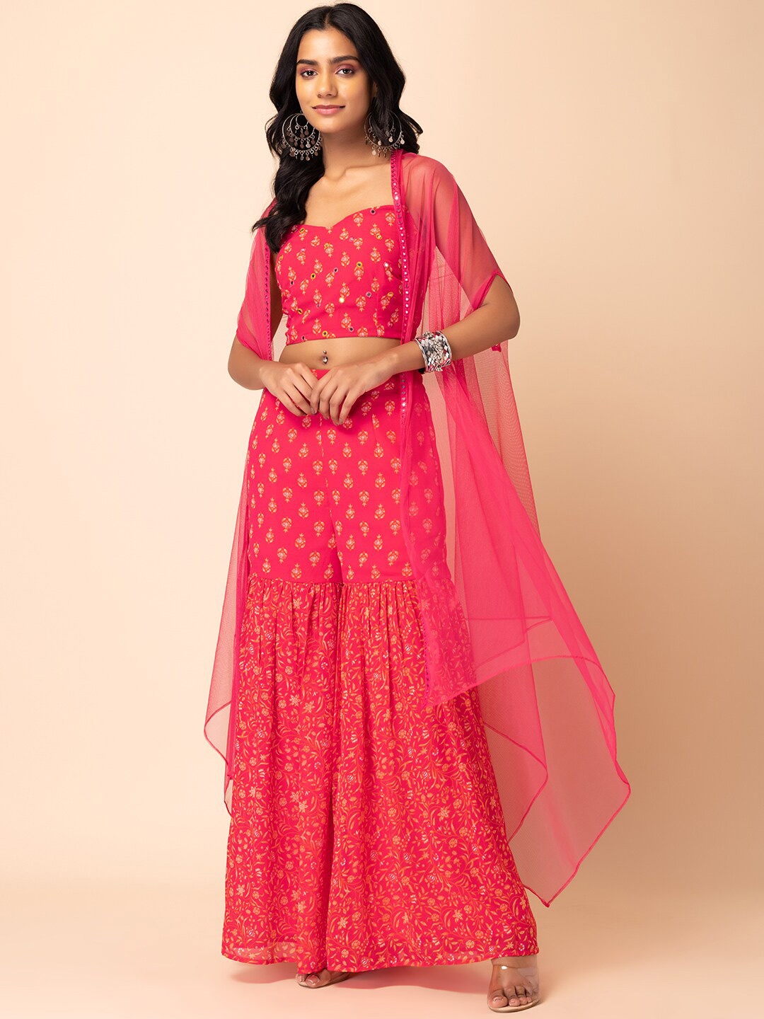 

INDYA Printed Mirror Work Co-Ords With Shrug, Coral