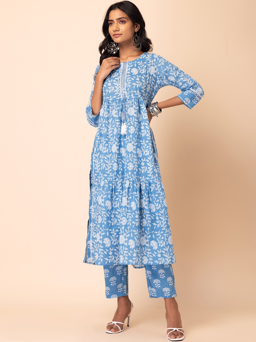 

INDYA Floral Printed Pure Cotton Kurta With Trouser, Blue