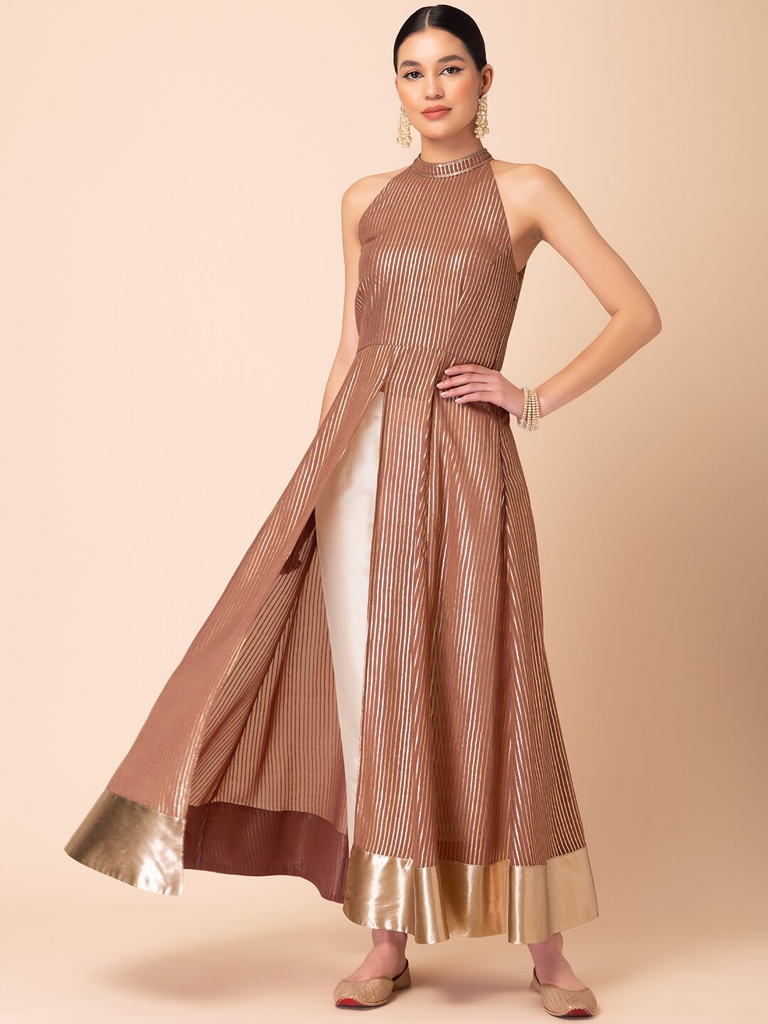 

INDYA Halter Neck Striped Sequinned Front Slit Kurta, Pink