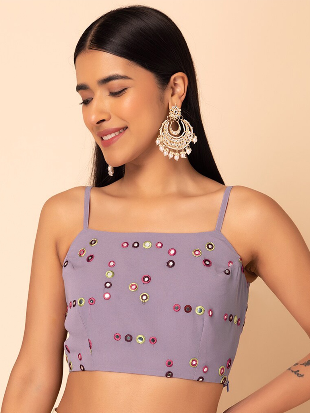 

Rang by Indya Ethnic Mirror Embroidered Strappy Top, Purple