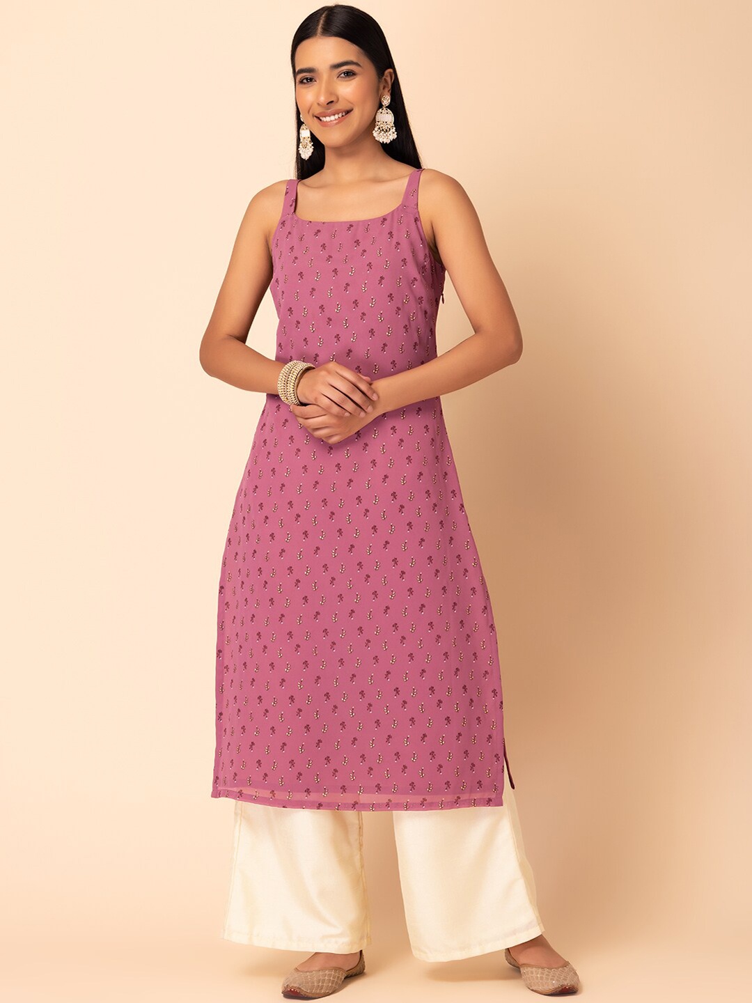 

INDYA Shoulder Straps Floral Printed Straight Kurta, Pink
