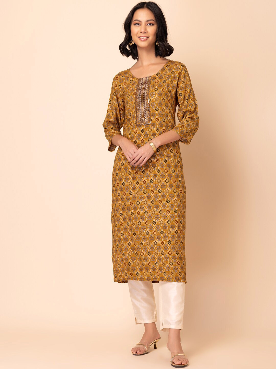 

INDYA Floral Printed Mirror Work Straight Kurta, Mustard