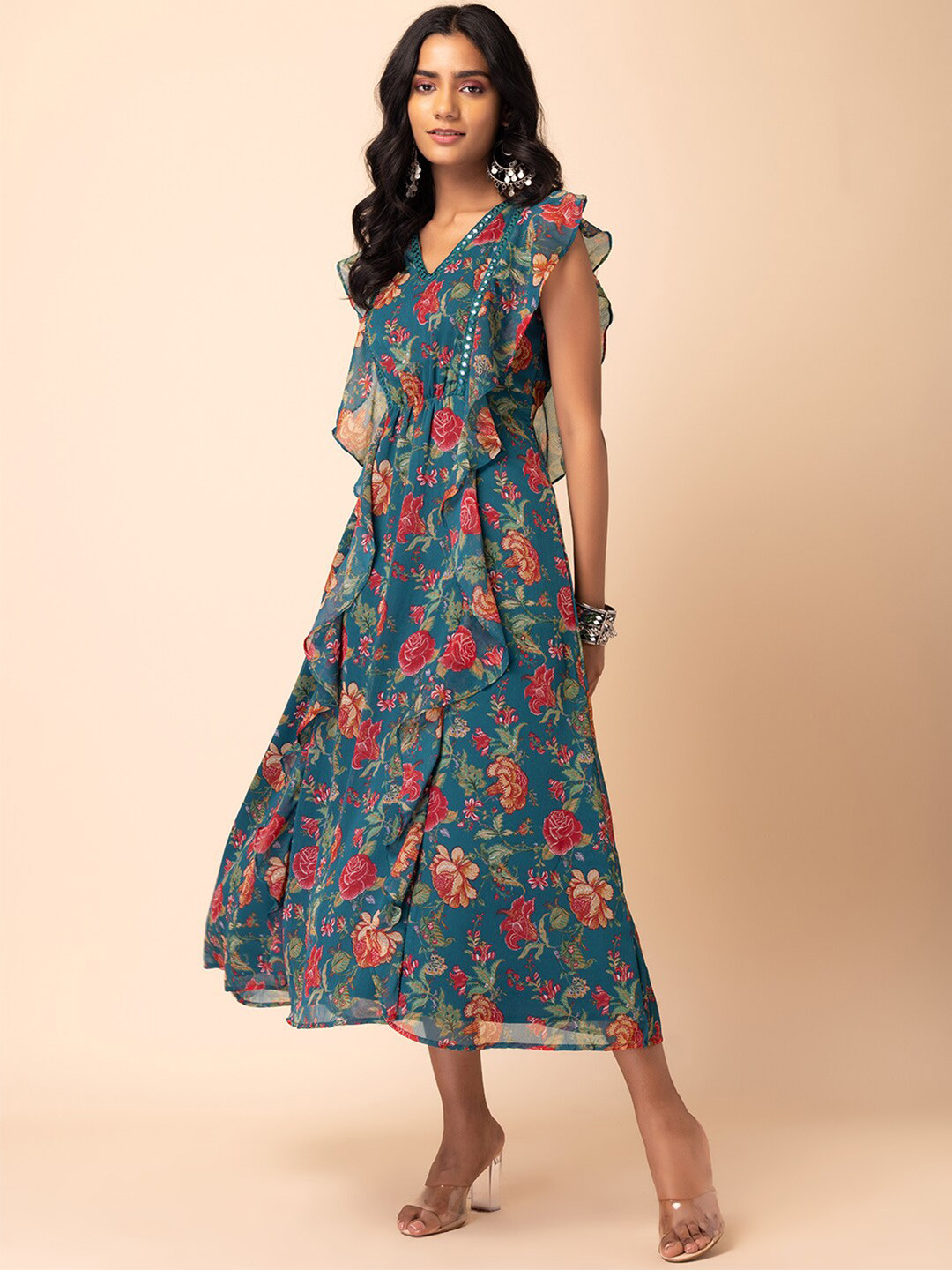 

INDYA Floral Printed Flutter Sleeves Ruffle Dress, Blue