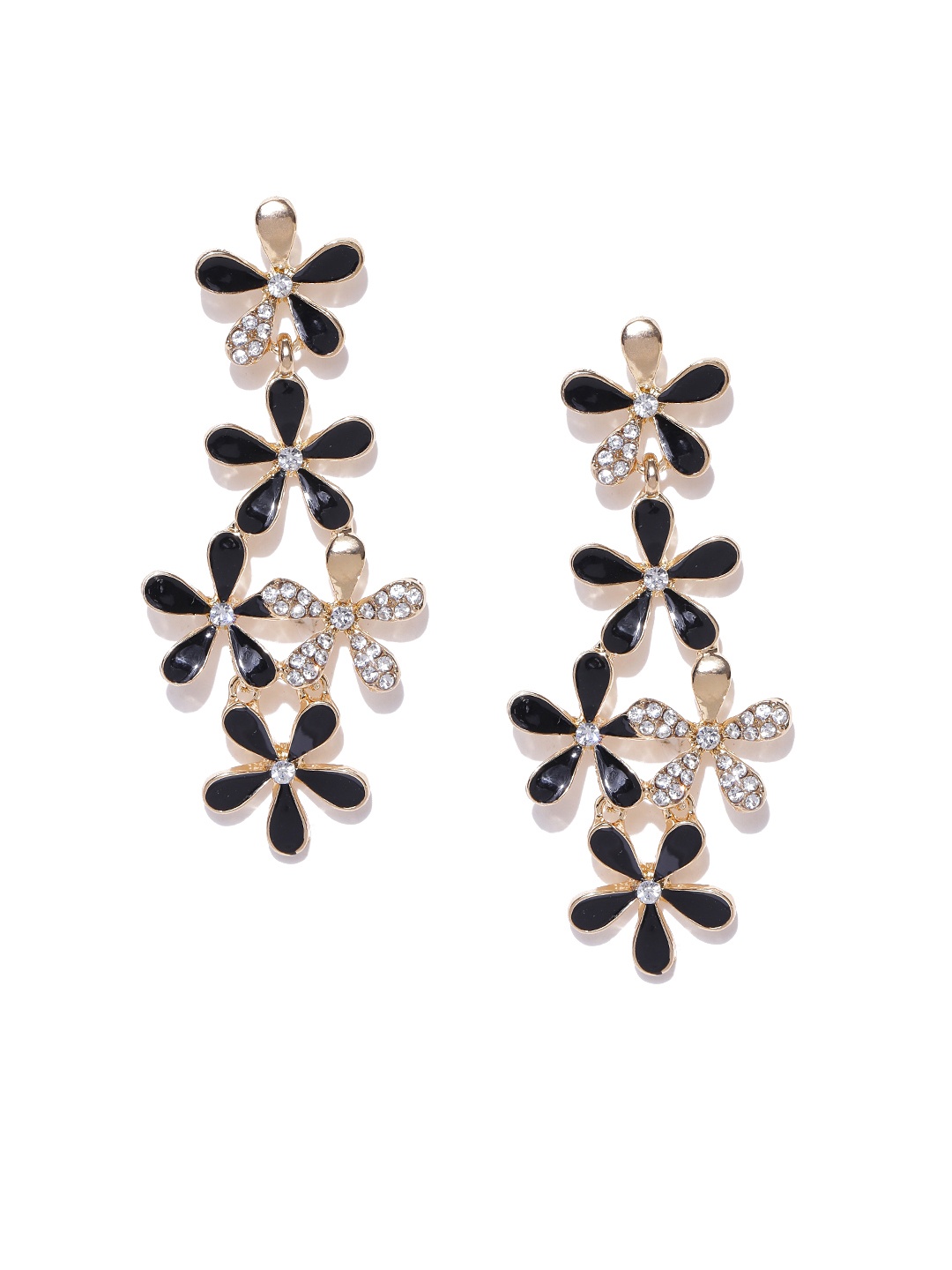 

YouBella Black Gold-Plated Stone-Studded Floral Drop Earrings