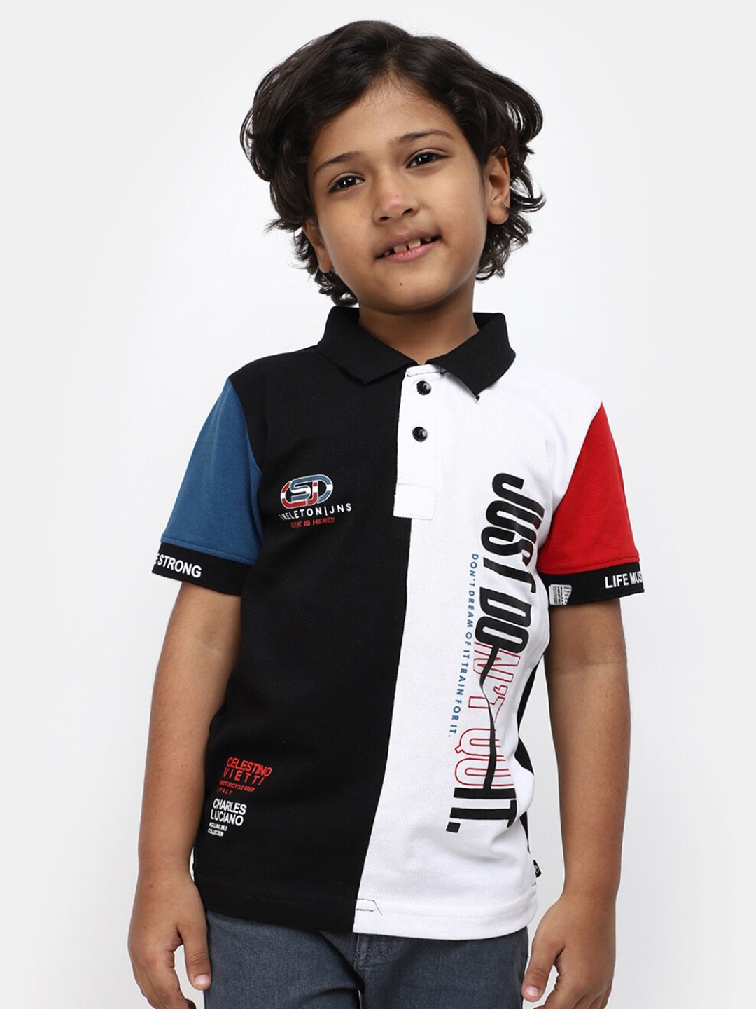 

V-Mart Boys Colourblocked Polo Collar Cotton T-shirt, Black