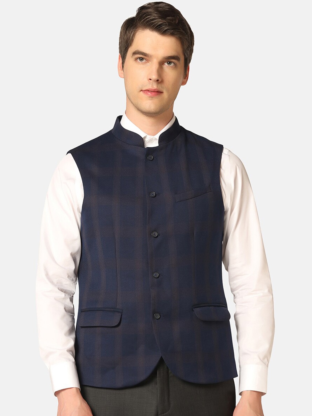 

Blackberrys Slim-Fit Checked Formal Bandhgala Nehru Jacket, Navy blue