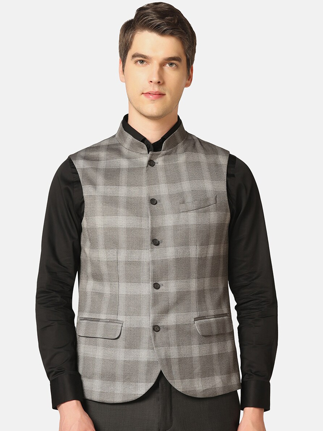 

Blackberrys Slim Fit Self-Checked Nehru Jacket, Grey