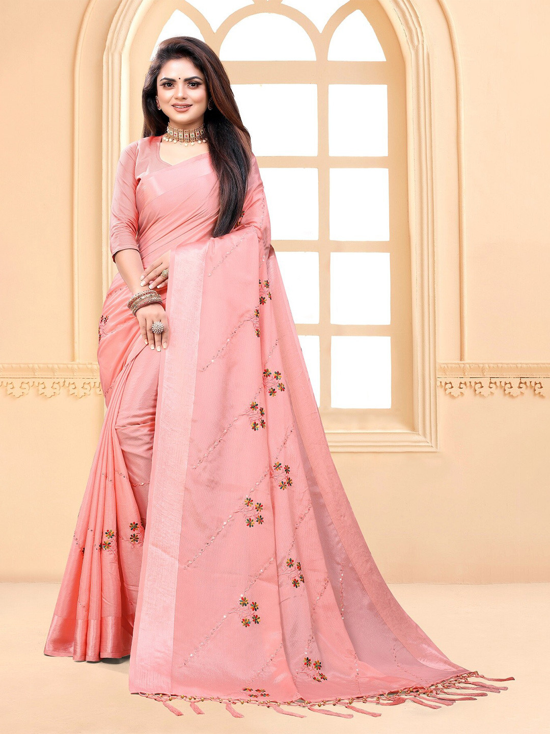 

Nityanta Fab Floral Embroidered Saree, Pink