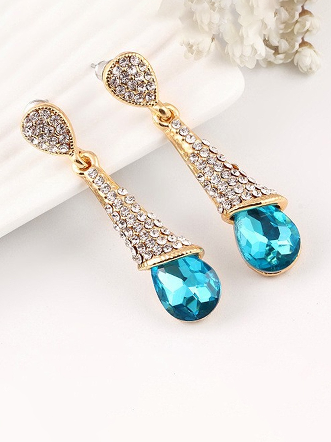 

YouBella Blue Gold-Plated Teardrop Shaped Drop Earrings