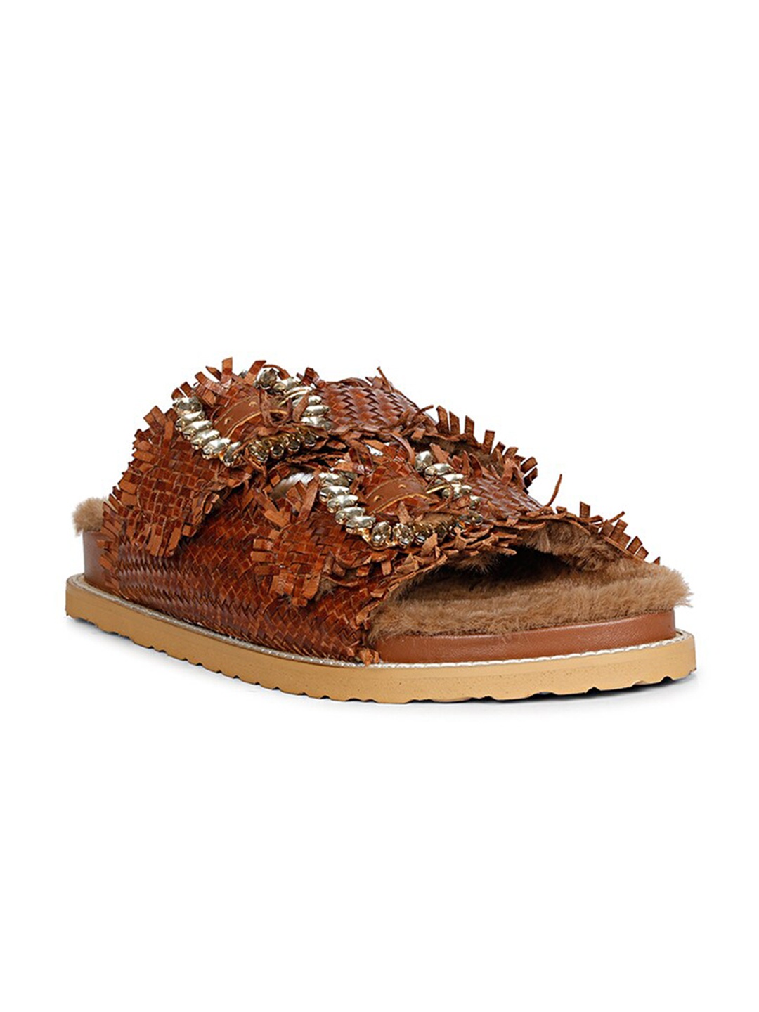 

Saint G Embellished Genuine Leather Open Toe Flats, Brown