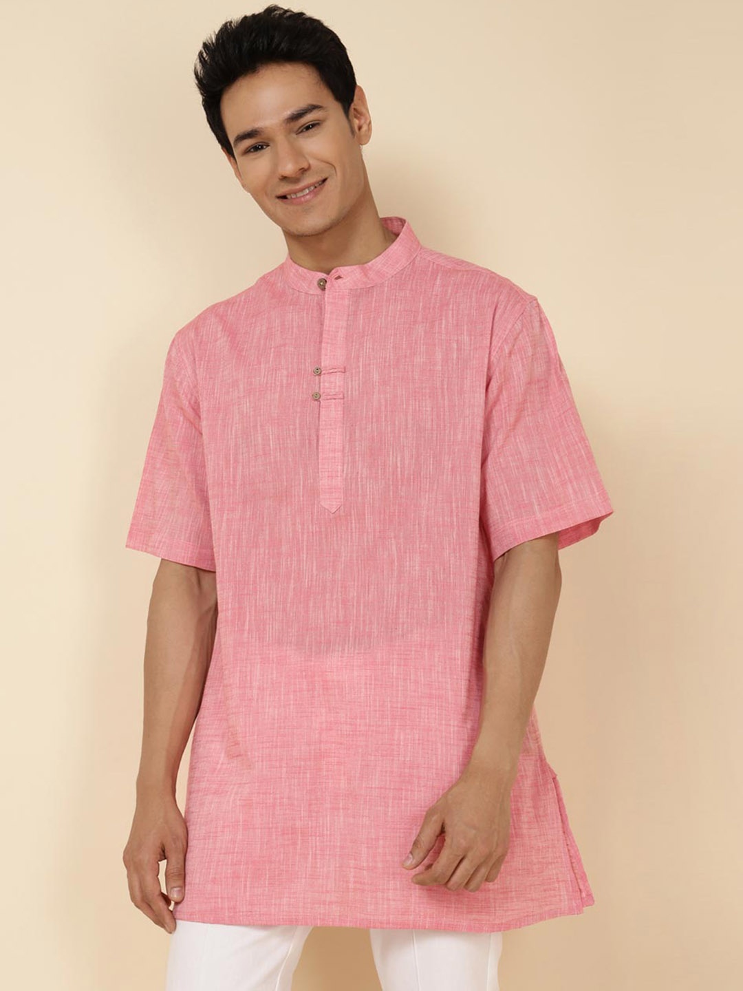 

Fabindia Band Collar Straight Cotton Short Kurta, Pink