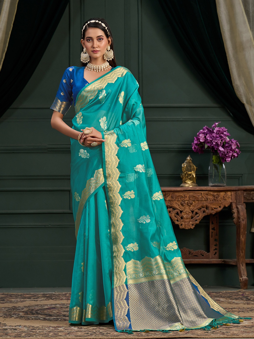 

MIMOSA Floral Woven Design Zari Organza Banarasi Saree, Teal