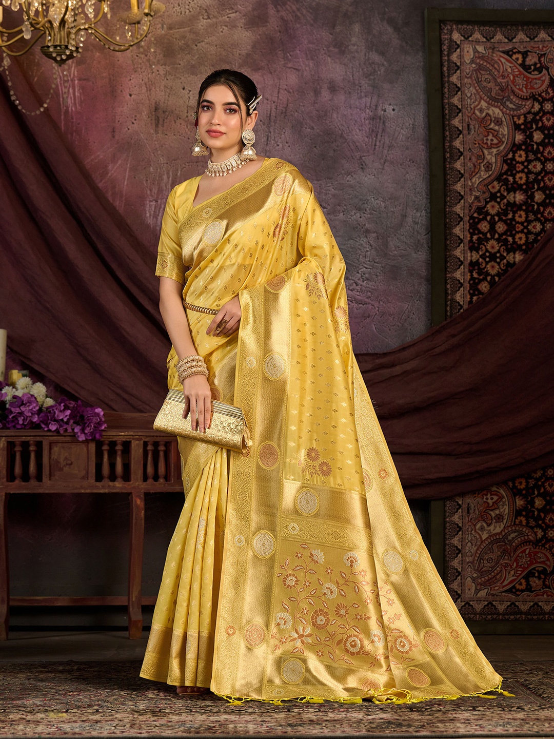 

MIMOSA Floral Woven Design Zari Kanjeevaram Saree, Yellow