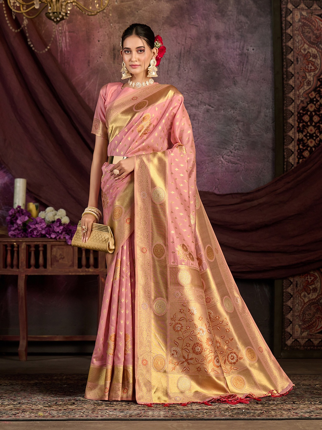 

MIMOSA Floral Woven Design Zari Kanjeevaram Saree, Pink