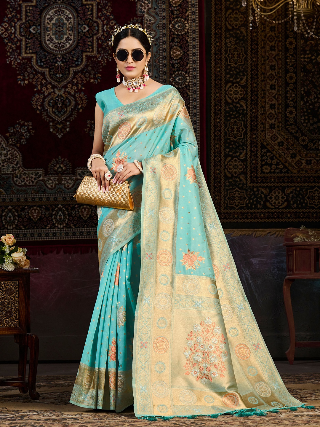 

MIMOSA Ethnic Motif Zari Art Silk Kanjeevaram Saree With Blouse Piece, Turquoise blue