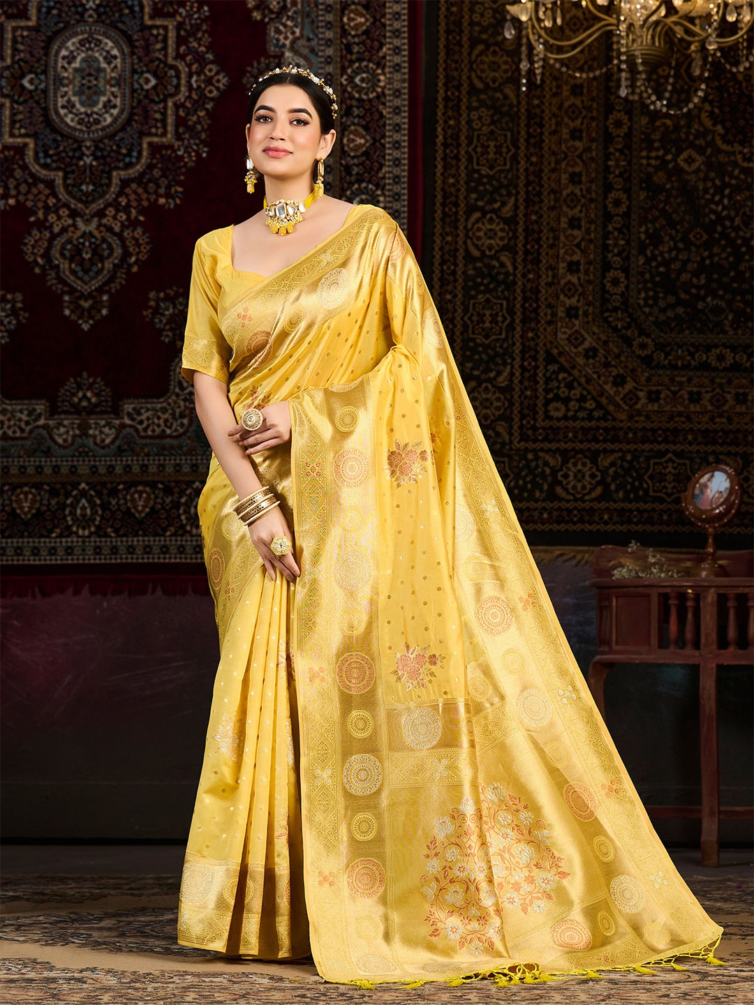 

MIMOSA Floral Woven Design Zari Kanjeevaram Saree, Yellow