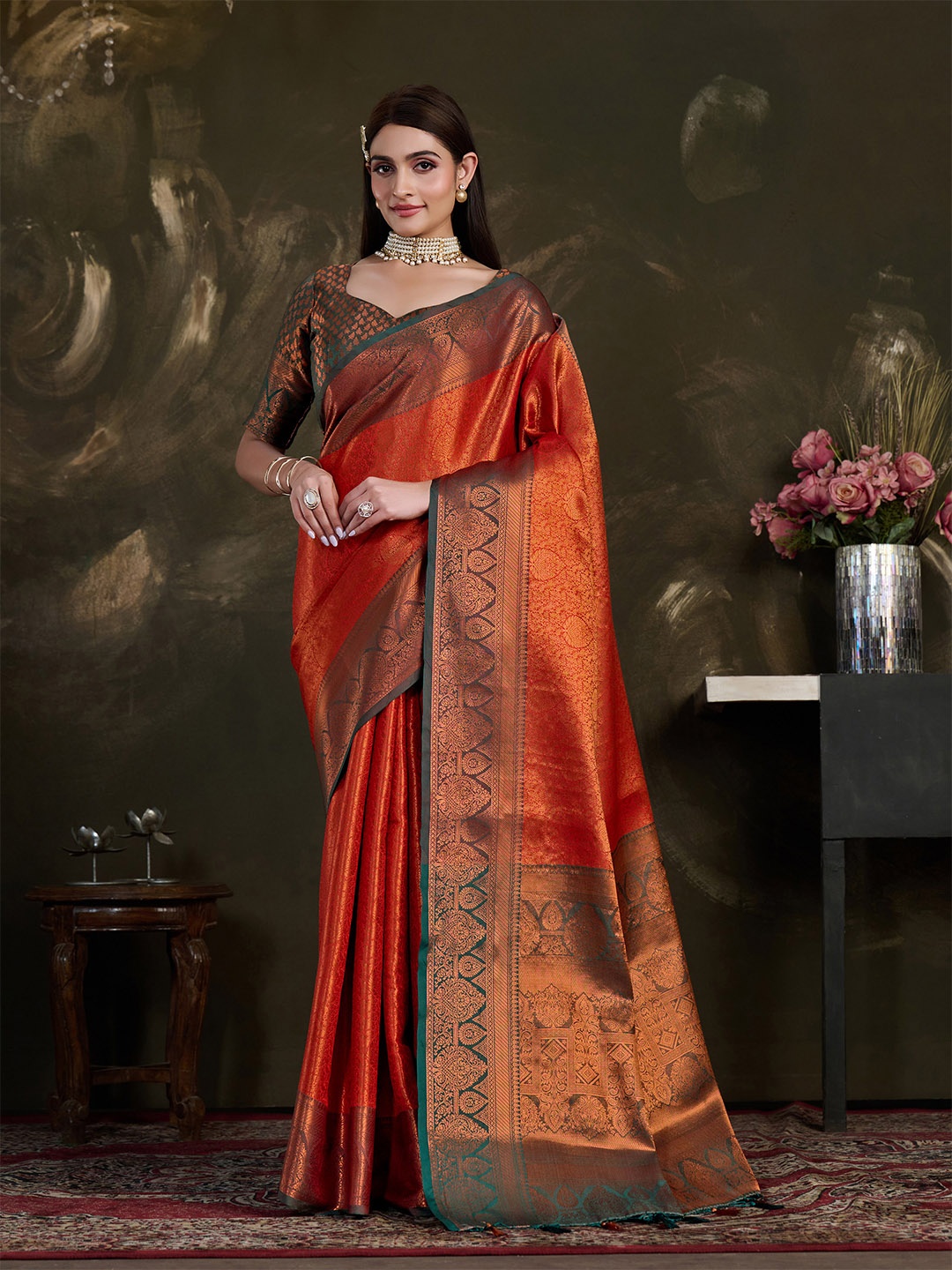 

MIMOSA Ethnic Motif Woven Design Zari Kanjeevaram Saree, Red