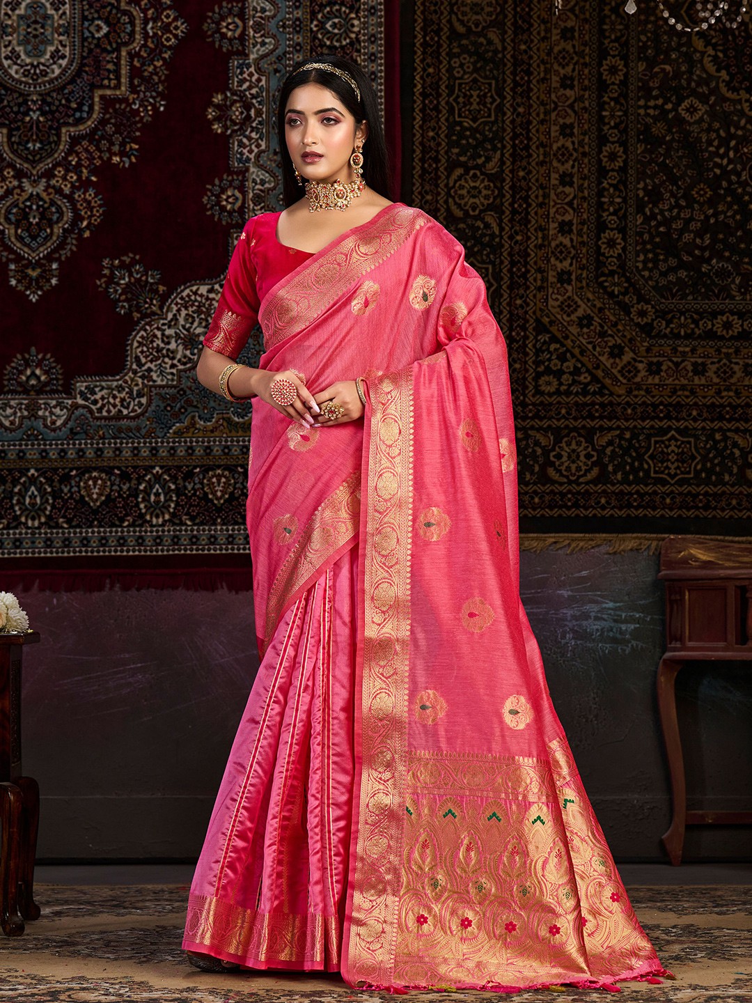 

MIMOSA Ethnic Motif Woven Design Zari Kanjeevaram Saree, Pink