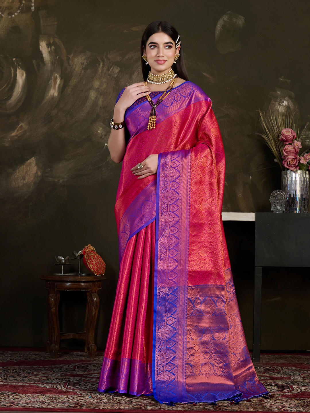 

MIMOSA Ethnic Motif Woven Design Zari Kanjeevaram Saree, Pink