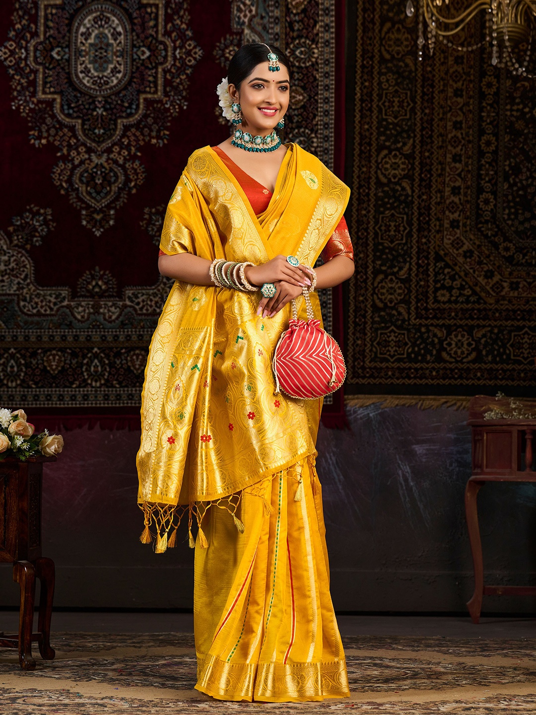 

MIMOSA Ethnic Woven Design Zari Kanjeevaram Saree, Mustard