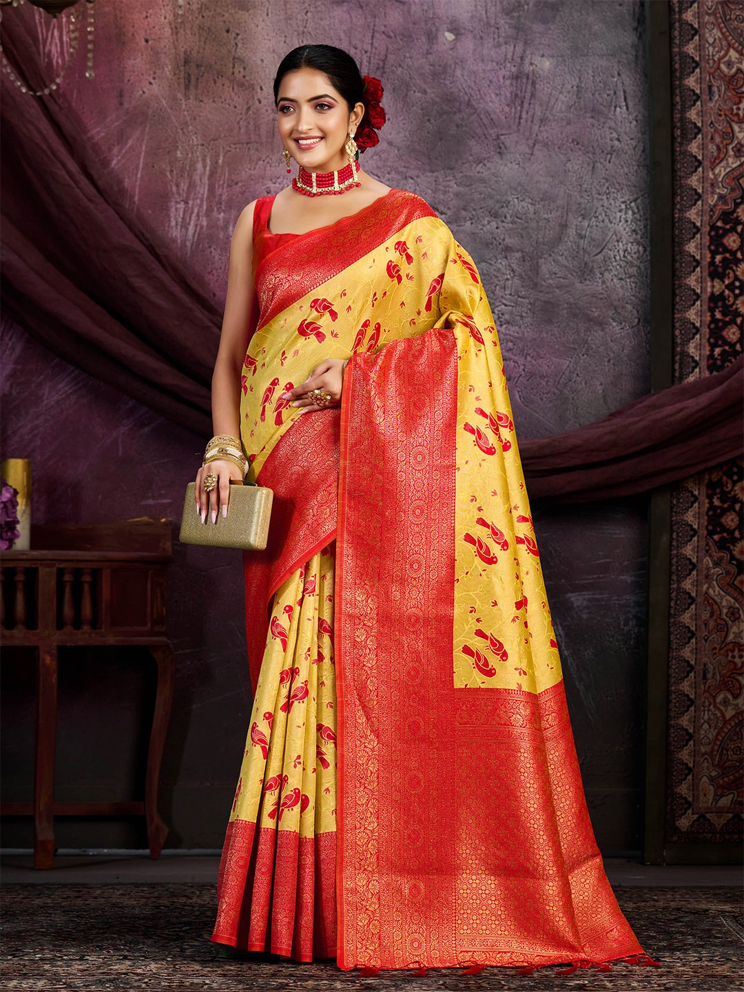 

MIMOSA Gold-Toned & Red Woven Design Zari Art Silk Kanjeevaram Saree