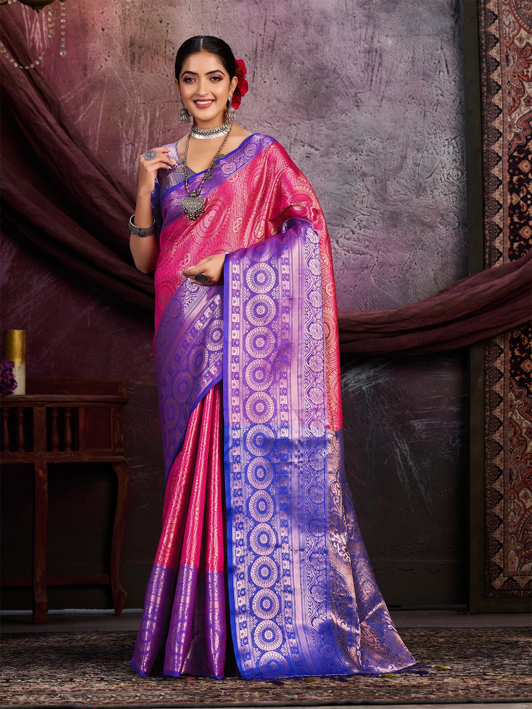 

MIMOSA Ethnic Motif Woven Design Zari Kanjeevaram Saree, Pink