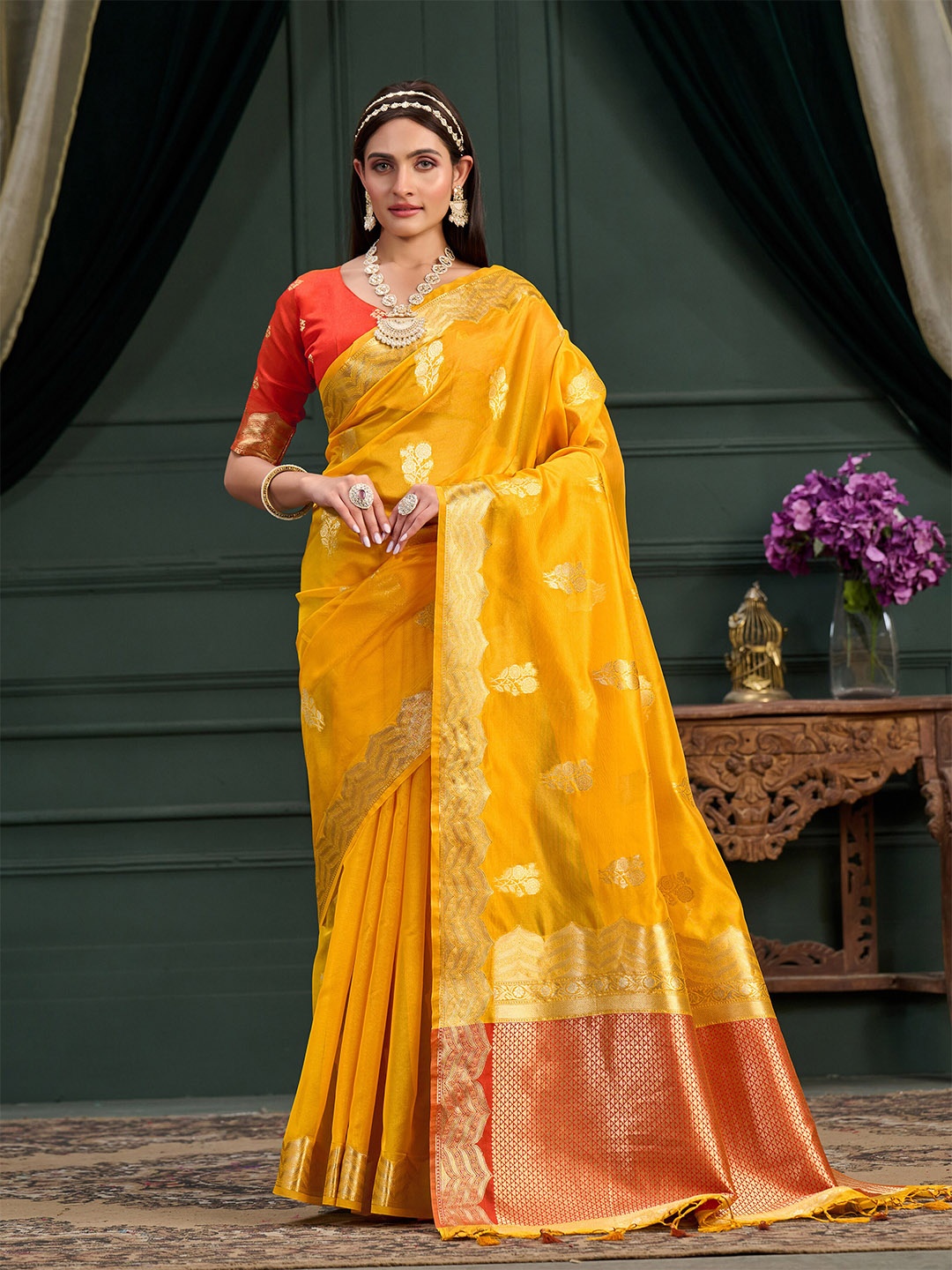

MIMOSA Floral Woven Design Zari Organza Banarasi Saree, Mustard