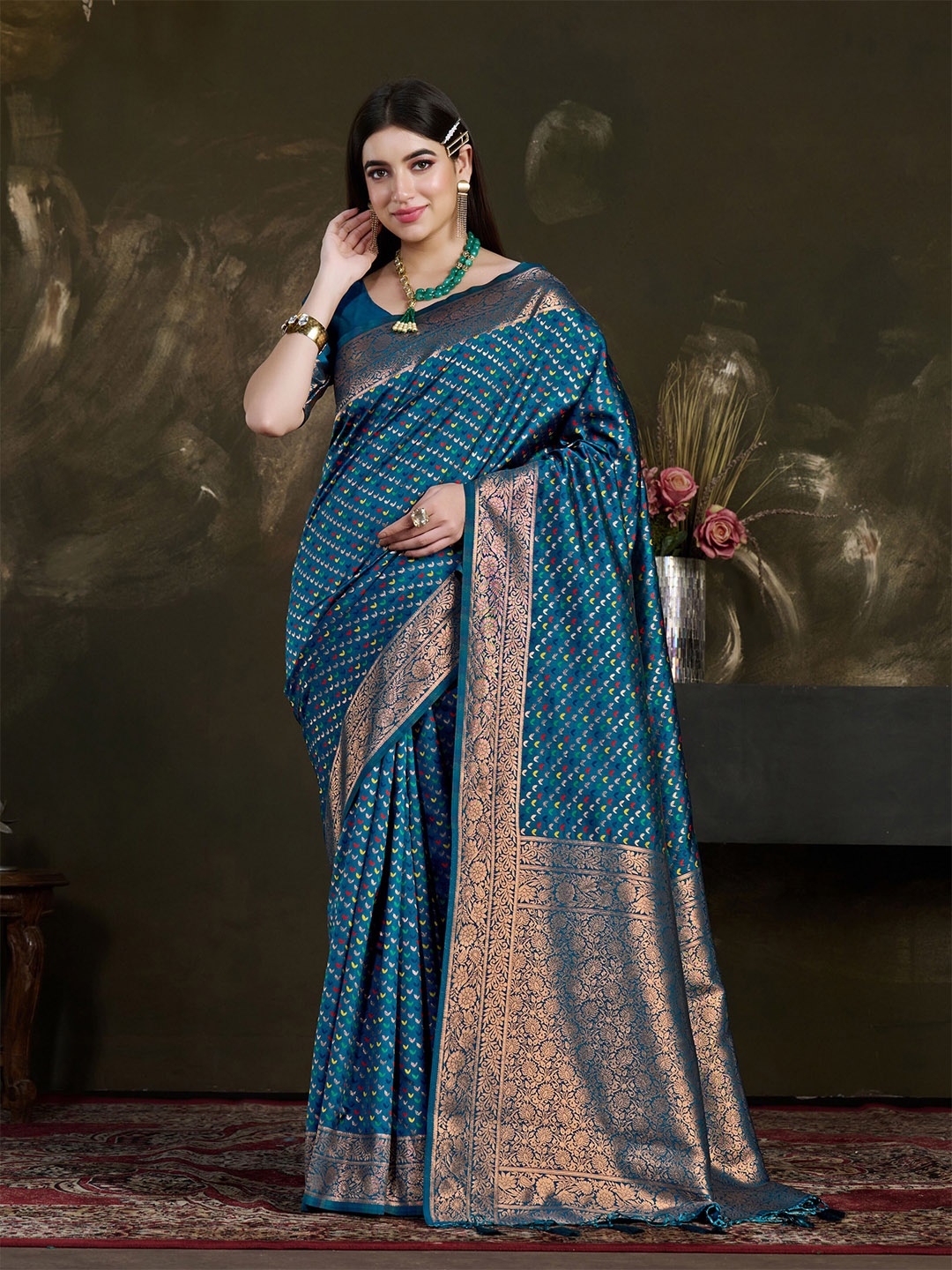 

MIMOSA Abstract Woven Design Zari Kanjeevaram Saree, Teal