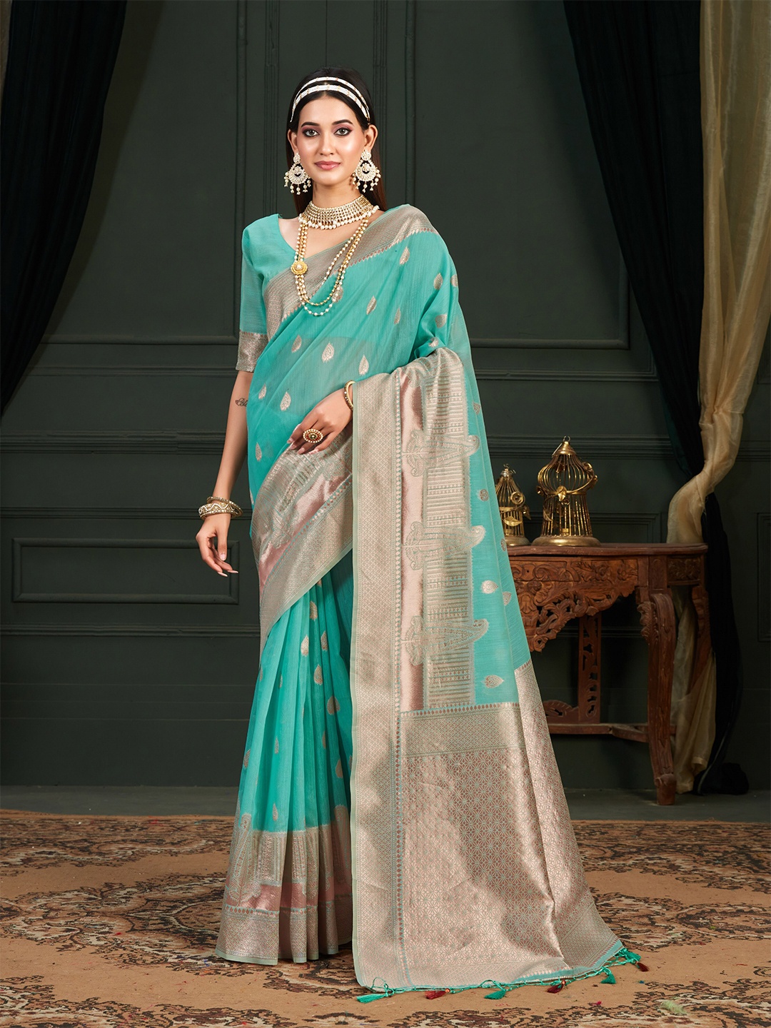 

MIMOSA Ethnic Woven Design Zari Banarasi Saree, Turquoise blue