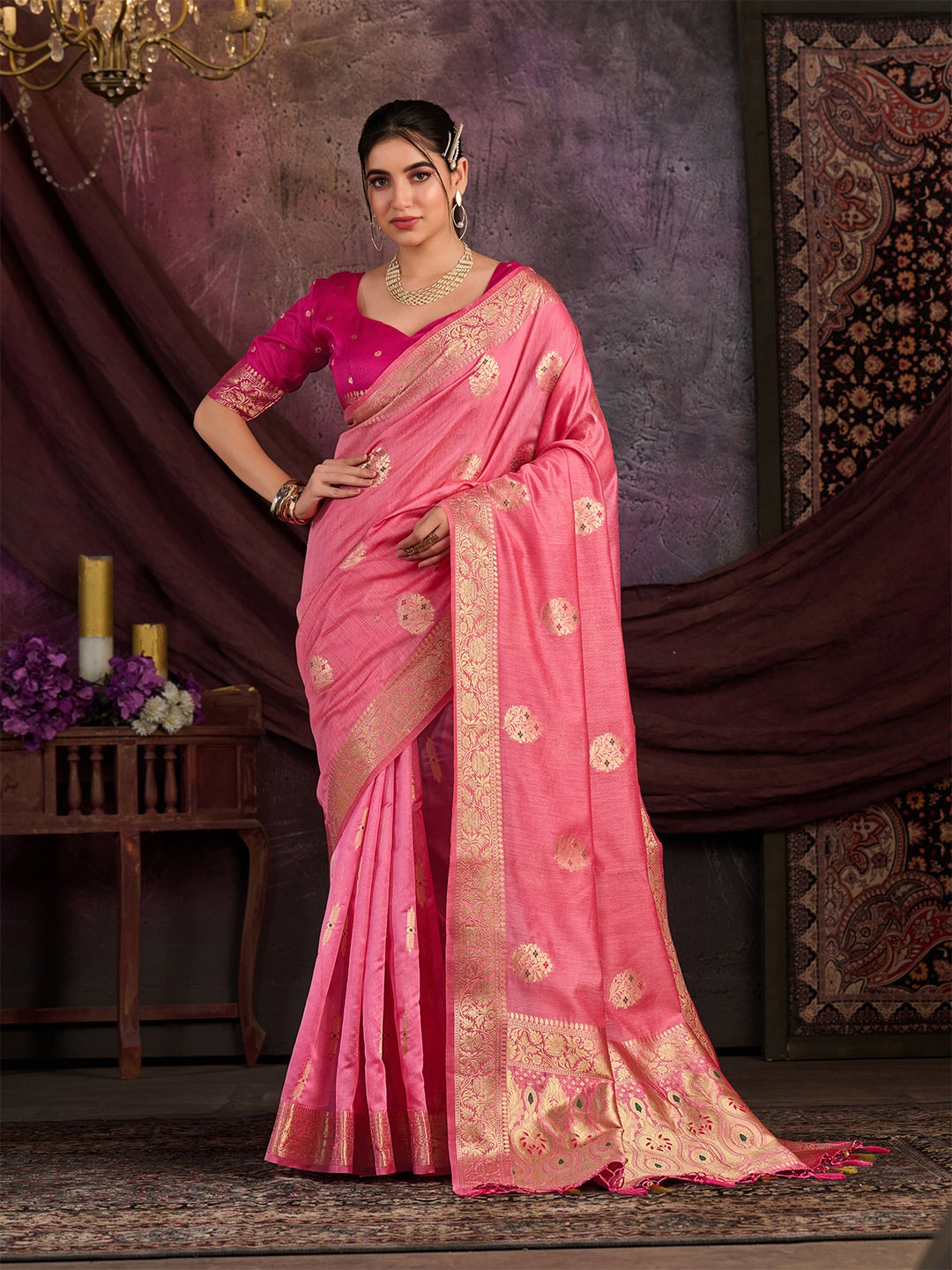 

MIMOSA Floral Woven Design Zari Kanjeevaram Saree, Pink