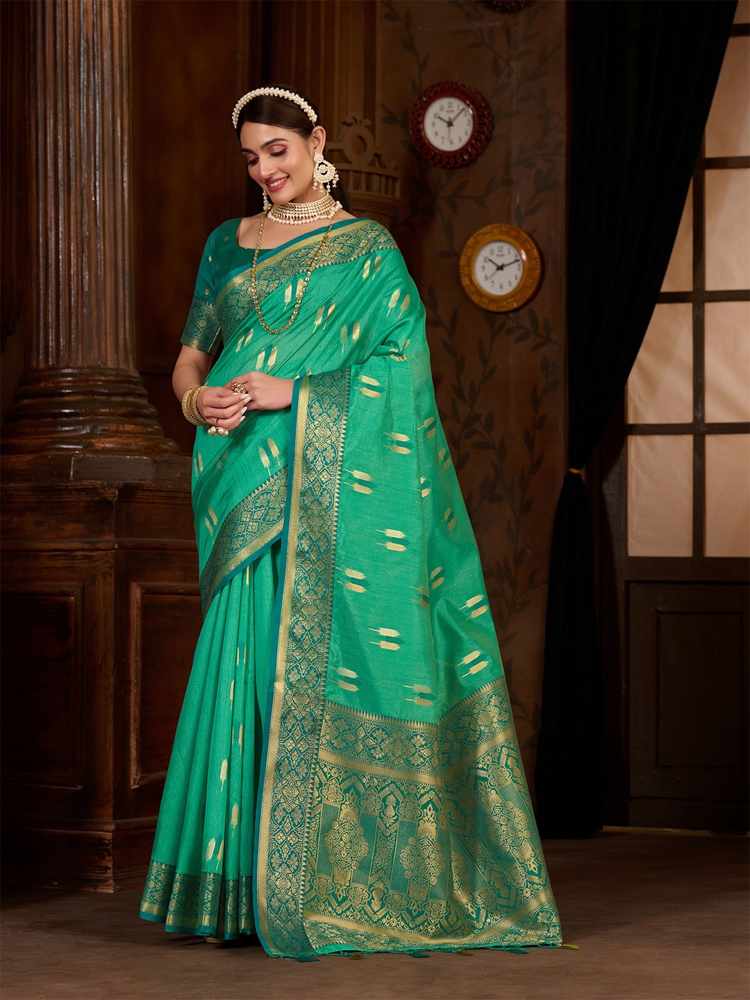 

MIMOSA Ethnic Motif Woven Design Zari Kanjeevaram Saree, Teal