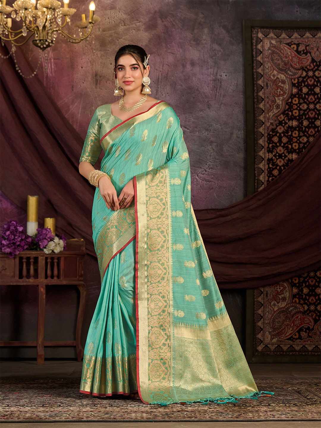 

MIMOSA Floral Woven Design Zari Kanjeevaram Saree, Sea green