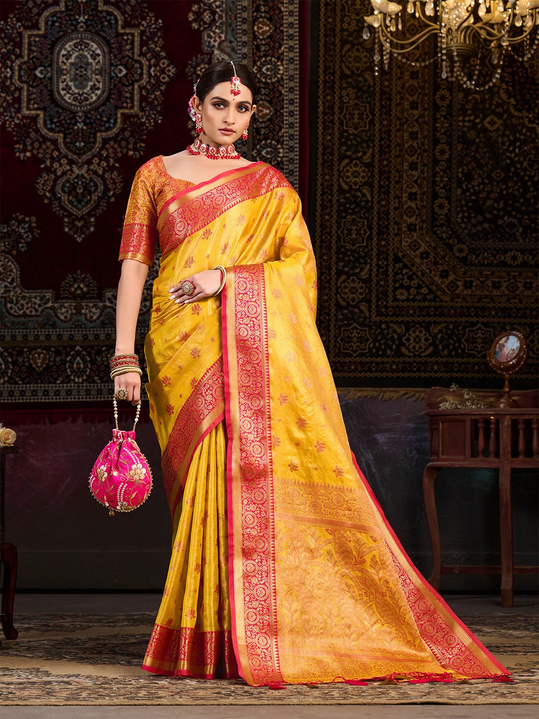 

MIMOSA Ethnic Woven Design Zari Kanjeevaram Saree, Mustard