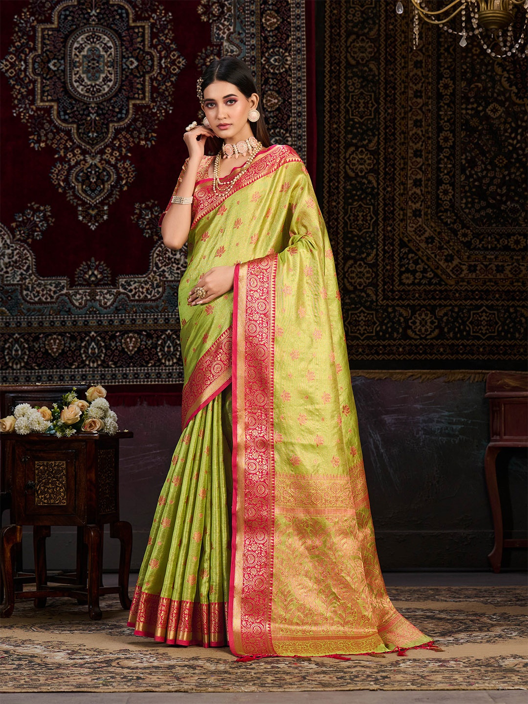 

MIMOSA Floral Woven Design Zari Art Silk Kanjeevaram Saree, Lime green