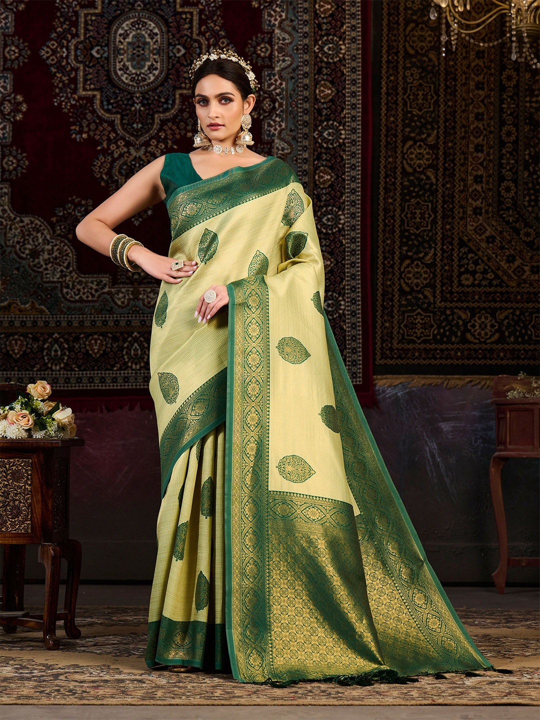 

MIMOSA Floral Woven Design Zari Kanjeevaram Saree, Olive