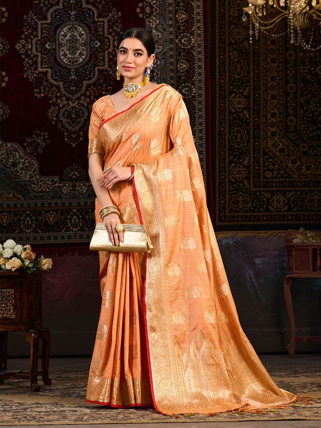 

MIMOSA Floral Woven Design Zari Kanjeevaram Saree, Peach